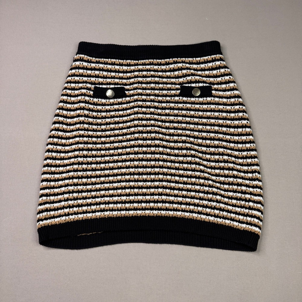 Express Striped Knit Mini Skirt Black Tan White Gold Button Accent Size M